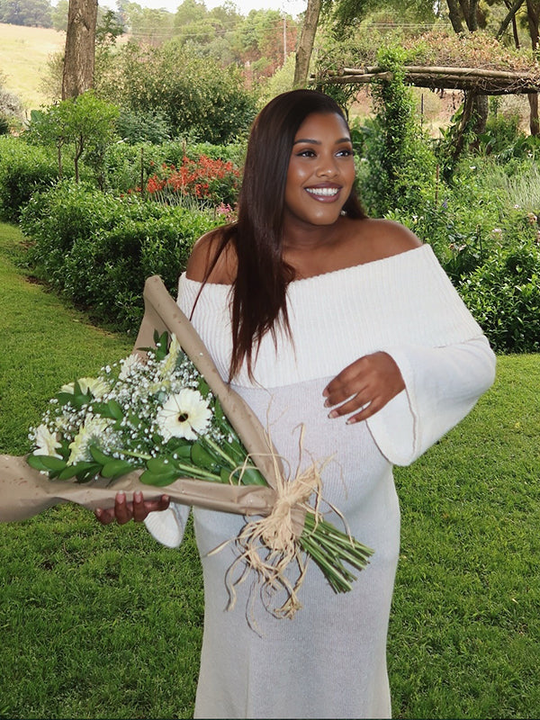 Momnfancy White Off Shoulder Knitting Flare Sleeve Bodycon Photoshoot Maternity Sweater Maxi Dress