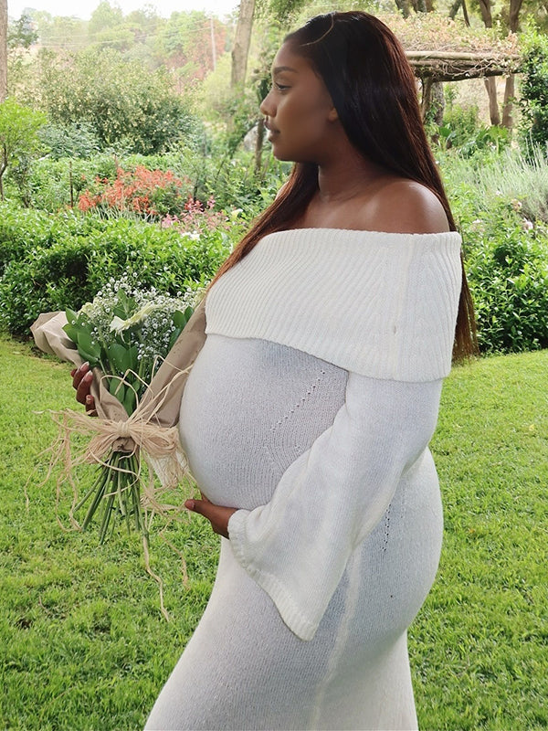 Momnfancy White Off Shoulder Knitting Flare Sleeve Bodycon Photoshoot Maternity Sweater Maxi Dress