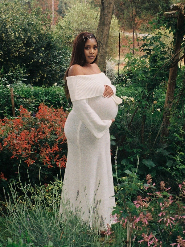 Momnfancy White Off Shoulder Knitting Flare Sleeve Bodycon Photoshoot Maternity Sweater Maxi Dress