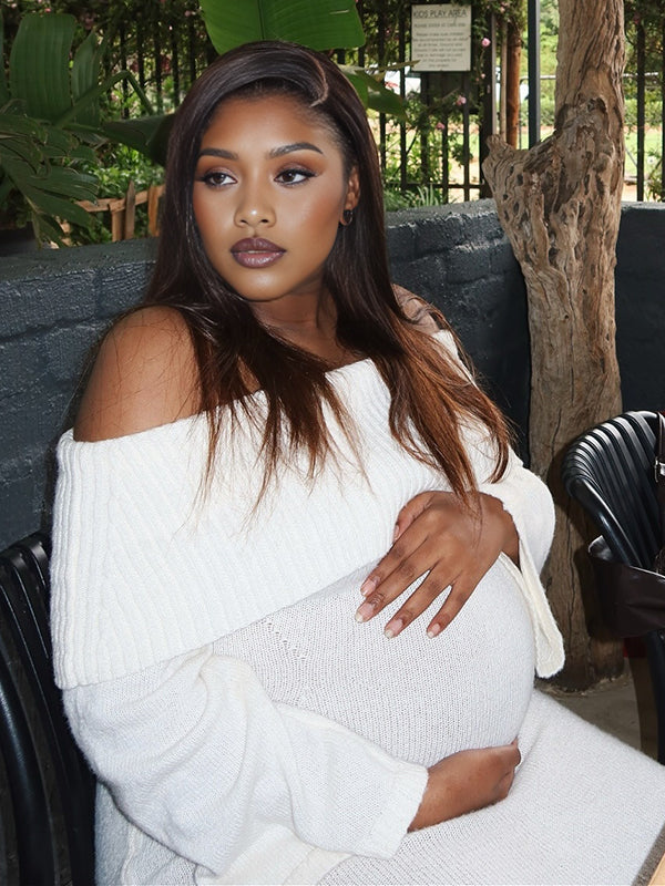 Momnfancy White Off Shoulder Knitting Flare Sleeve Bodycon Photoshoot Maternity Sweater Maxi Dress