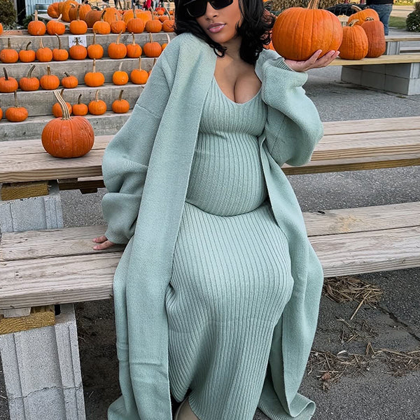 Momnfancy Solid Color Knitting V-Neck Bodycon Cardigan 2-in-1 Maternity Sweater Maxi Dress