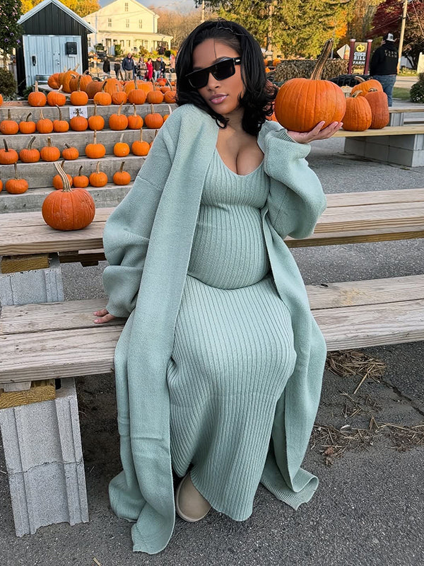 Momnfancy Solid Color Knitting V-Neck Bodycon Cardigan 2-in-1 Maternity Sweater Maxi Dress