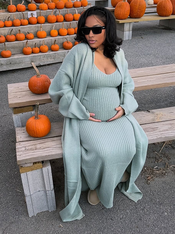 Momnfancy Solid Color Knitting V-Neck Bodycon Cardigan 2-in-1 Maternity Sweater Maxi Dress