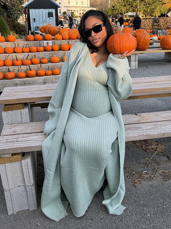 Momnfancy Solid Color Knitting V-Neck Bodycon Cardigan 2-in-1 Maternity Sweater Maxi Dress