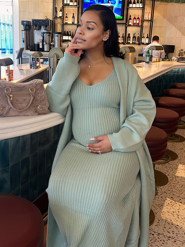 Momnfancy Solid Color Knitting V-Neck Bodycon Cardigan 2-in-1 Maternity Sweater Maxi Dress