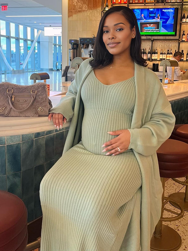 Momnfancy Solid Color Knitting V-Neck Bodycon Cardigan 2-in-1 Maternity Sweater Maxi Dress