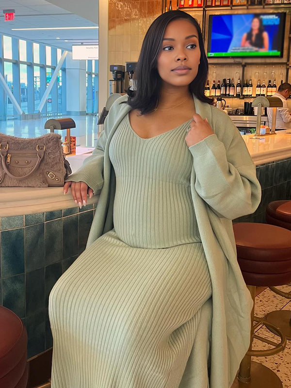 Momnfancy Solid Color Knitting V-Neck Bodycon Cardigan 2-in-1 Maternity Sweater Maxi Dress
