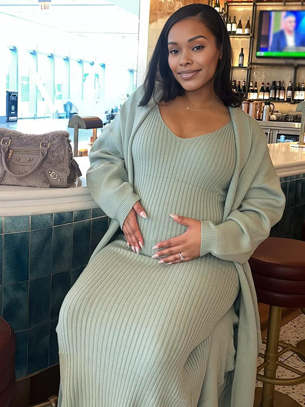 Momnfancy Solid Color Knitting V-Neck Bodycon Cardigan 2-in-1 Maternity Sweater Maxi Dress