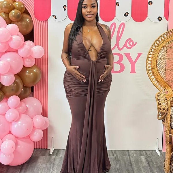 Momnfancy Brown Ruched Draped Halter Neck Backless Mermaid Bodycon Baby Shower Maternity Maxi Dress