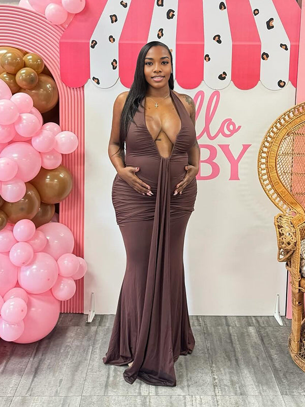 Momnfancy Brown Ruched Draped Halter Neck Backless Mermaid Bodycon Baby Shower Maternity Maxi Dress