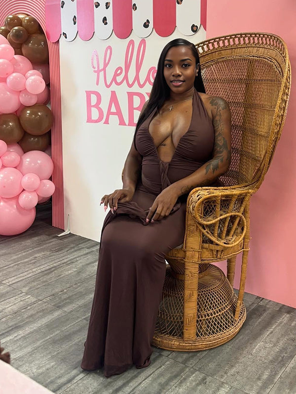 Momnfancy Brown Ruched Draped Halter Neck Backless Mermaid Bodycon Baby Shower Maternity Maxi Dress