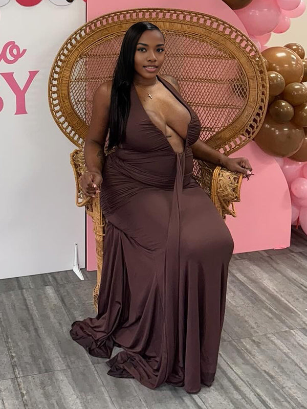 Momnfancy Brown Ruched Draped Halter Neck Backless Mermaid Bodycon Baby Shower Maternity Maxi Dress