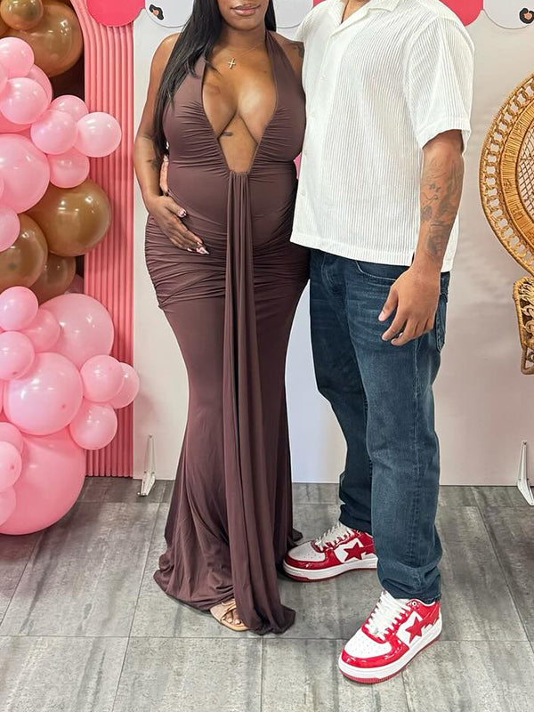 Momnfancy Brown Ruched Draped Halter Neck Backless Mermaid Bodycon Baby Shower Maternity Maxi Dress