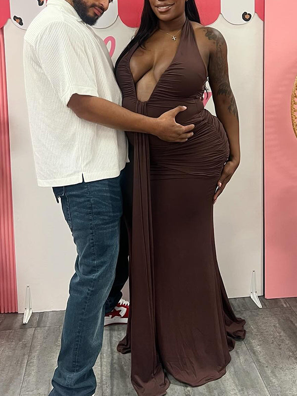 Momnfancy Brown Ruched Draped Halter Neck Backless Mermaid Bodycon Baby Shower Maternity Maxi Dress