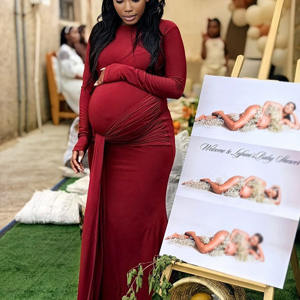 Momnfancy Red Ruched Lace-up Long Sleeve Bodycon Baby Shower Maternity Maxi Dress