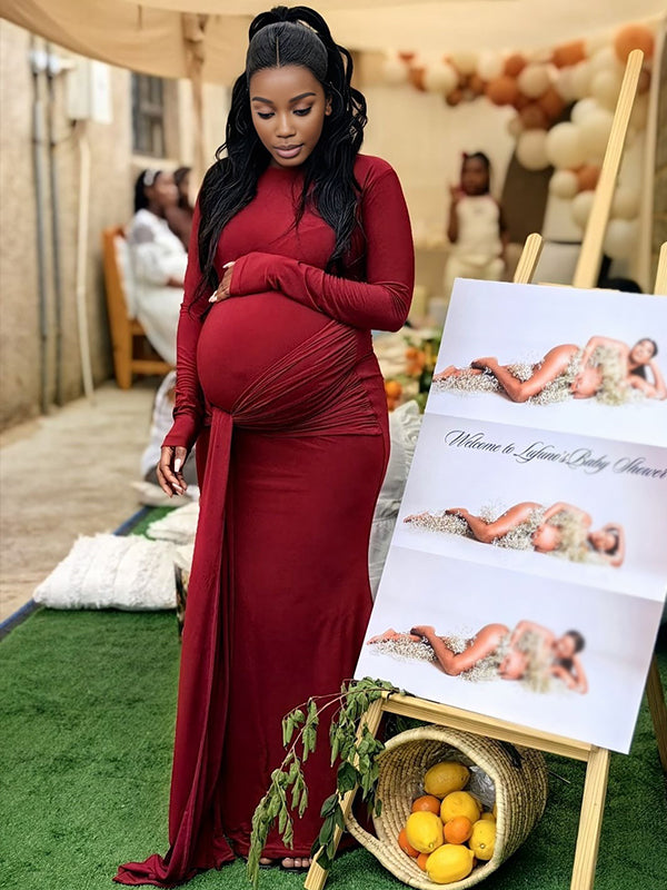 Momnfancy Red Ruched Lace-up Long Sleeve Bodycon Baby Shower Maternity Maxi Dress