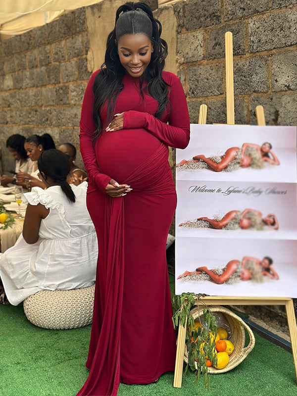 Momnfancy Red Ruched Lace-up Long Sleeve Bodycon Baby Shower Maternity Maxi Dress