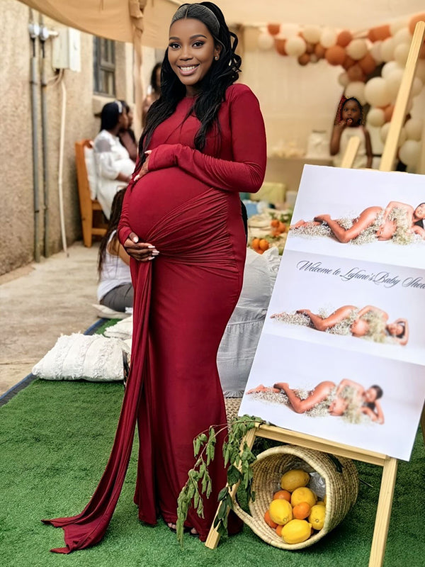 Momnfancy Red Ruched Lace-up Long Sleeve Bodycon Baby Shower Maternity Maxi Dress