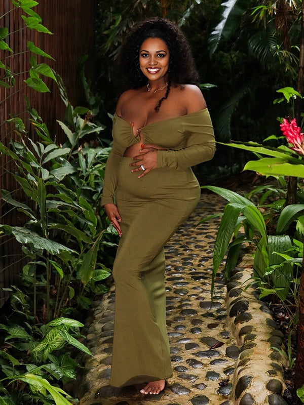 Momnfancy Green Cut Out Crop Long Sleeve Bodycon Photoshoot Maternity Maxi Dress