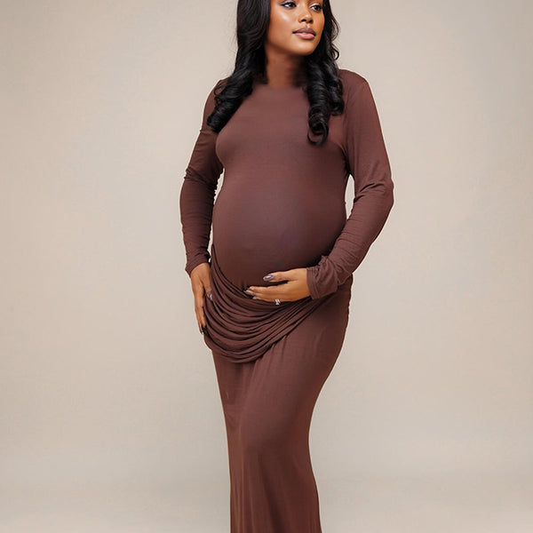Momnfancy Brown Ruched Long Sleeve Bodycon Mermaid Elegant Photoshoot Maternity Maxi Dress