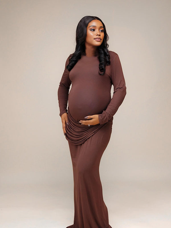 Momnfancy Brown Ruched Long Sleeve Bodycon Mermaid Elegant Photoshoot Maternity Maxi Dress