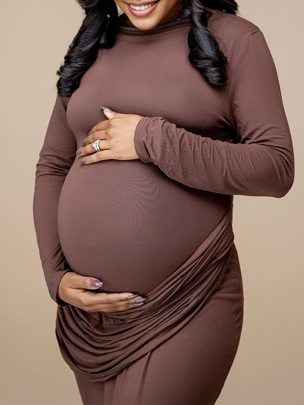 Momnfancy Brown Ruched Long Sleeve Bodycon Mermaid Elegant Photoshoot Maternity Maxi Dress