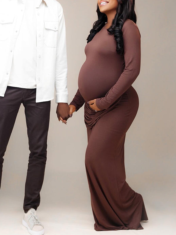 Momnfancy Brown Ruched Long Sleeve Bodycon Mermaid Elegant Photoshoot Maternity Maxi Dress