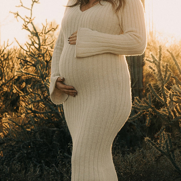Momnfancy Apricot Knitting V-Neck Bodycon Long Sleeve Photoshoot Maternity Sweater Maxi Dress