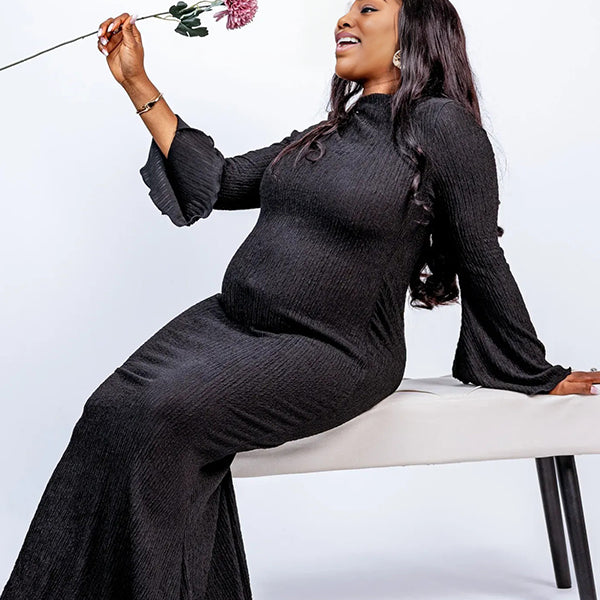 Momnfancy Black Flare Long Sleeve Mermaid Bodycon Basic Photoshoot Maternity Maxi Dress