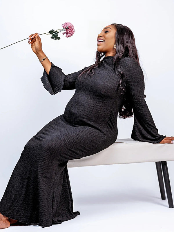 Momnfancy Black Flare Long Sleeve Mermaid Bodycon Basic Photoshoot Maternity Maxi Dress