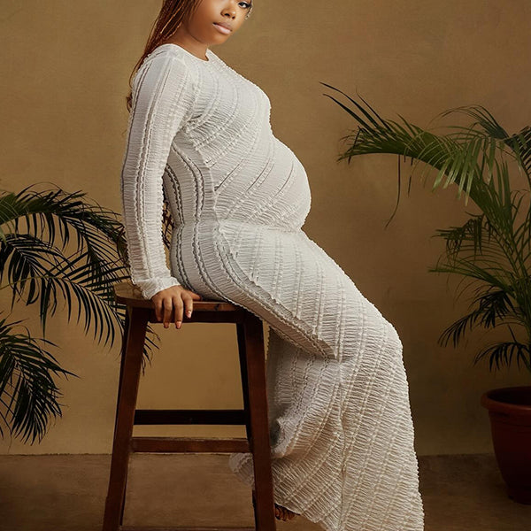 Momnfancy White Ruffle Backless Flare Long Sleeve Mermaid Bodycon Photoshoot Maternity Maxi Dress