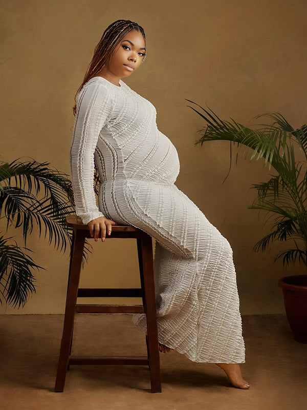 Momnfancy White Ruffle Backless Flare Long Sleeve Mermaid Bodycon Photoshoot Maternity Maxi Dress