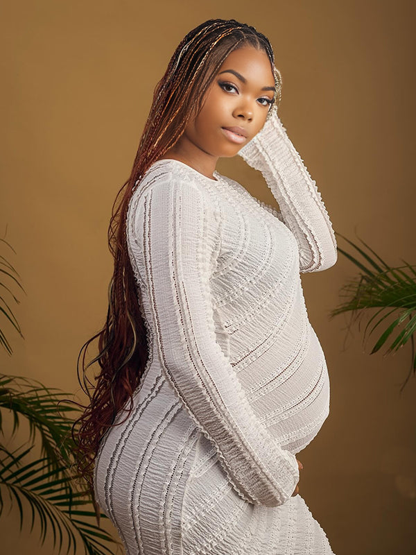 Momnfancy White Ruffle Backless Flare Long Sleeve Mermaid Bodycon Photoshoot Maternity Maxi Dress