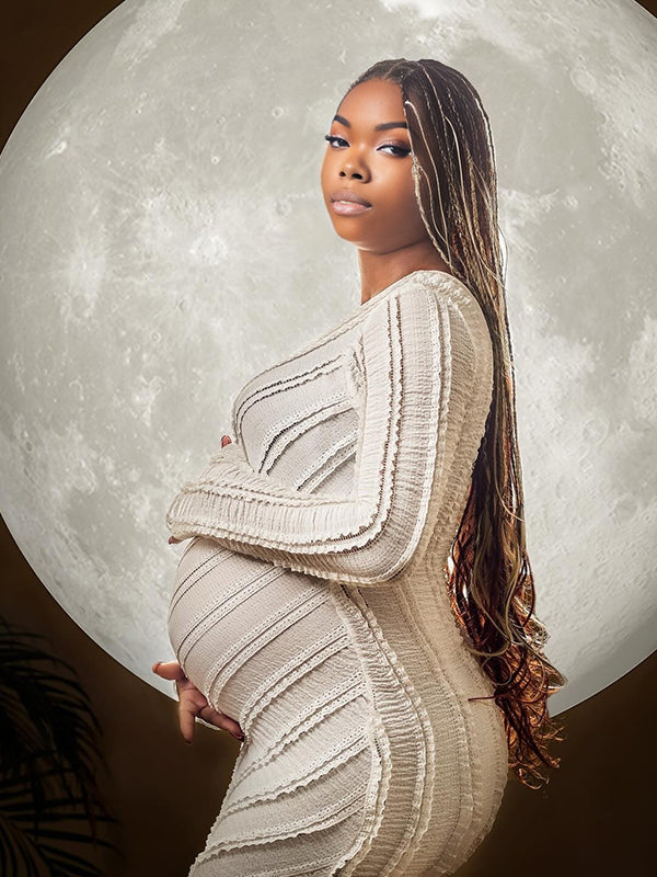 Momnfancy White Ruffle Backless Flare Long Sleeve Mermaid Bodycon Photoshoot Maternity Maxi Dress