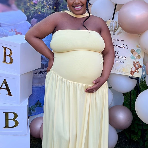 Momnfancy Light Yellow Bandeau Backless Ruched Side Slit Baby Shower Maternity Maxi Dress