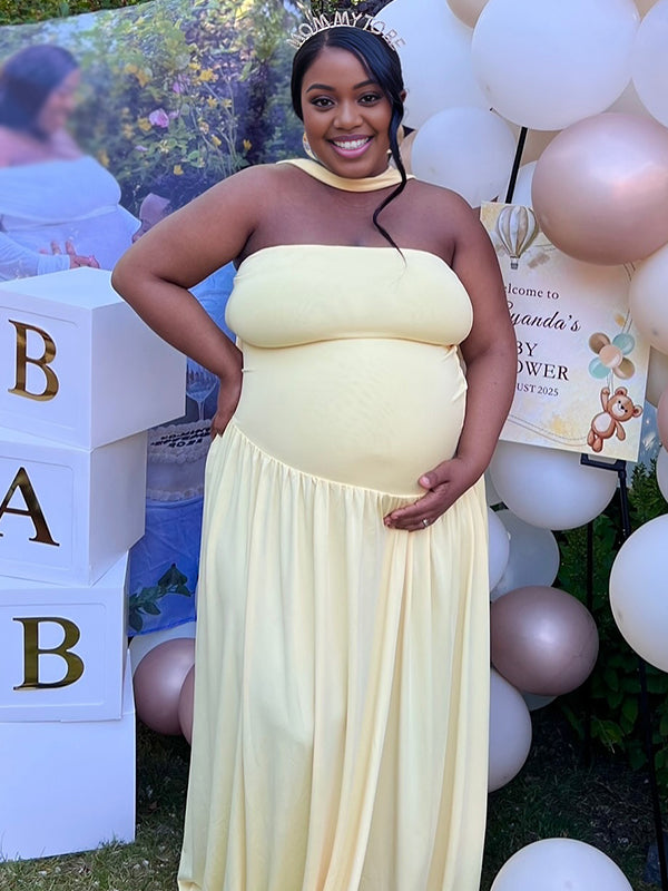 Momnfancy Light Yellow Bandeau Backless Ruched Side Slit Baby Shower Maternity Maxi Dress