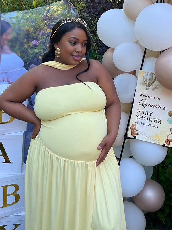 Momnfancy Light Yellow Bandeau Backless Ruched Side Slit Baby Shower Maternity Maxi Dress