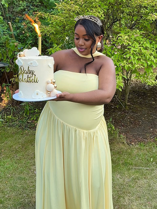 Momnfancy Light Yellow Bandeau Backless Ruched Side Slit Baby Shower Maternity Maxi Dress