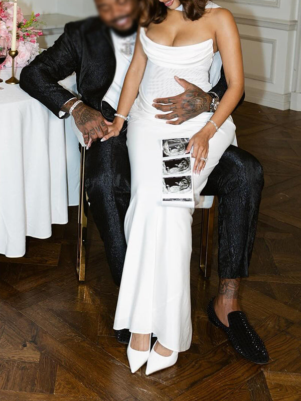 Momnfancy White Bandeau Ruched Bodycon Tie Back Mesh Splicing Mermaid Evening Gown Plus Size Photoshoot Maternity Maxi Dress