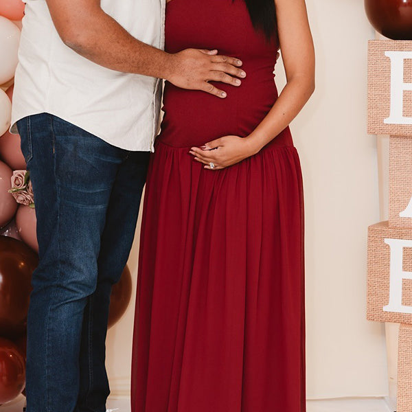 Momnfancy Red Bandeau Backless Ruched Baby Shower Maternity Maxi Dress