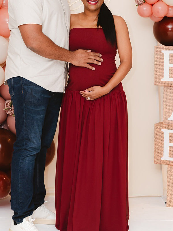Momnfancy Red Bandeau Backless Ruched Baby Shower Maternity Maxi Dress