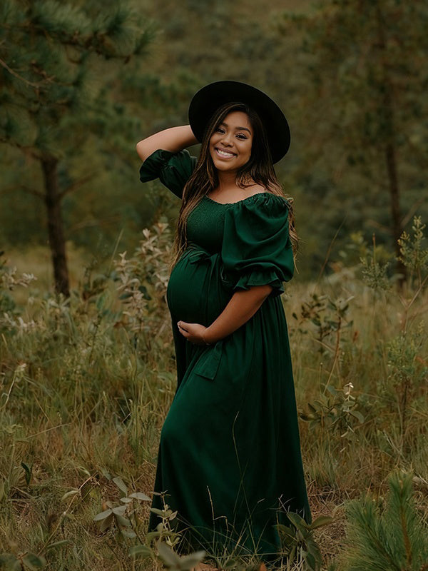 Momnfancy Bowknot Tightness Square Neck Splicing A-Line Maternity Maxi Dress