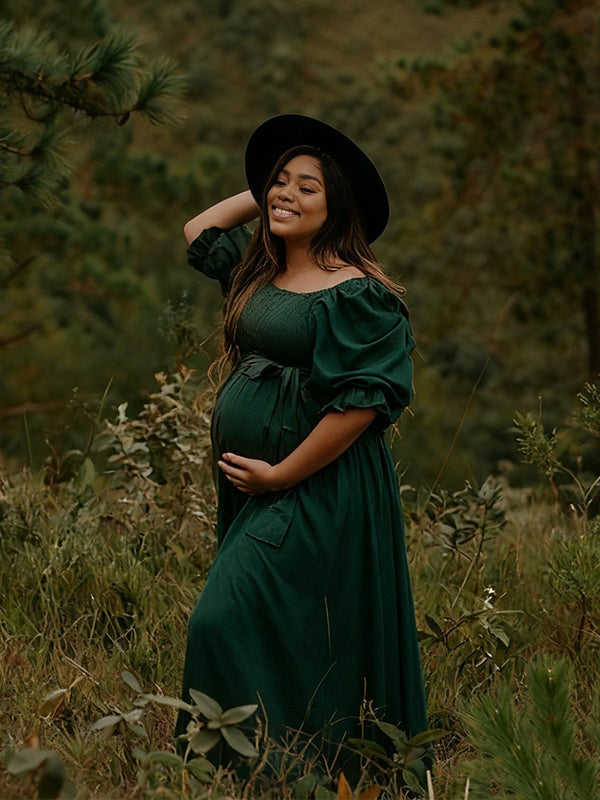 Momnfancy Bowknot Tightness Square Neck Splicing A-Line Maternity Maxi Dress