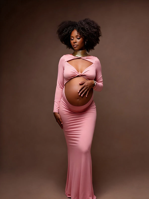 Momnfancy Tube Top Cut-out Bodycon Twist Solid Color Photoshoot Maternity Maxi Dress