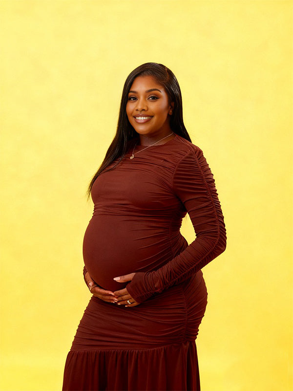 Momnfancy Ruched Waist-cinching Mermaid Solid Color Photoshoot Maternity Maxi Dress