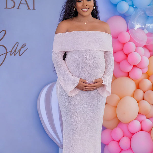 Momnfancy Boat Neck Waist-cinching Knitted Baby Shower Maternity Maxi Dress