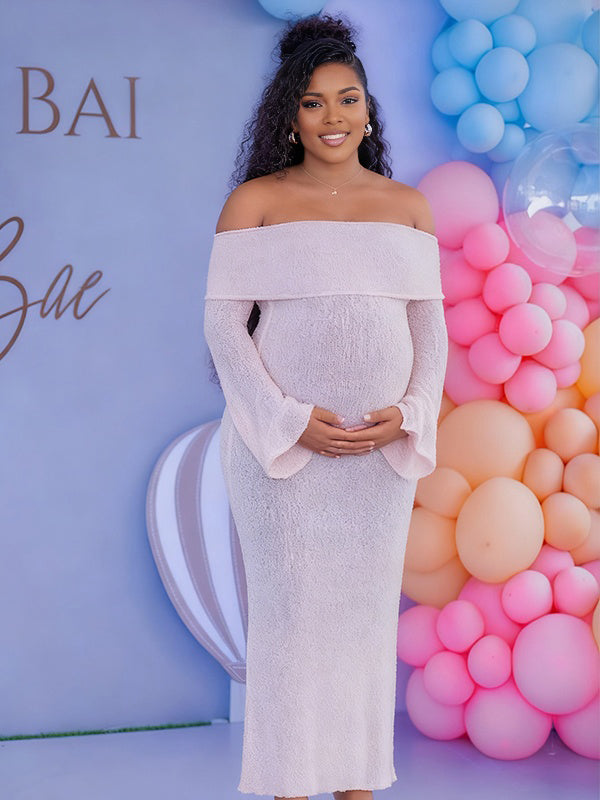 Momnfancy Boat Neck Waist-cinching Knitted Baby Shower Maternity Maxi Dress
