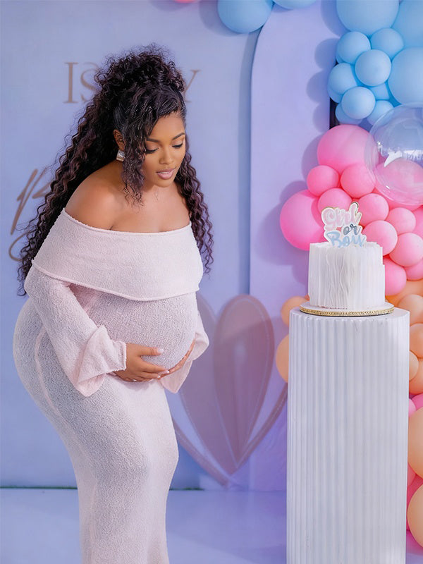 Momnfancy Boat Neck Waist-cinching Knitted Baby Shower Maternity Maxi Dress