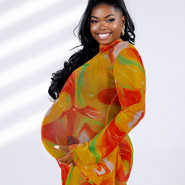 Momnfancy Gradient Color Flare Sleeve Tulle Print Bodycon Baby Shower Maternity Maxi Dress