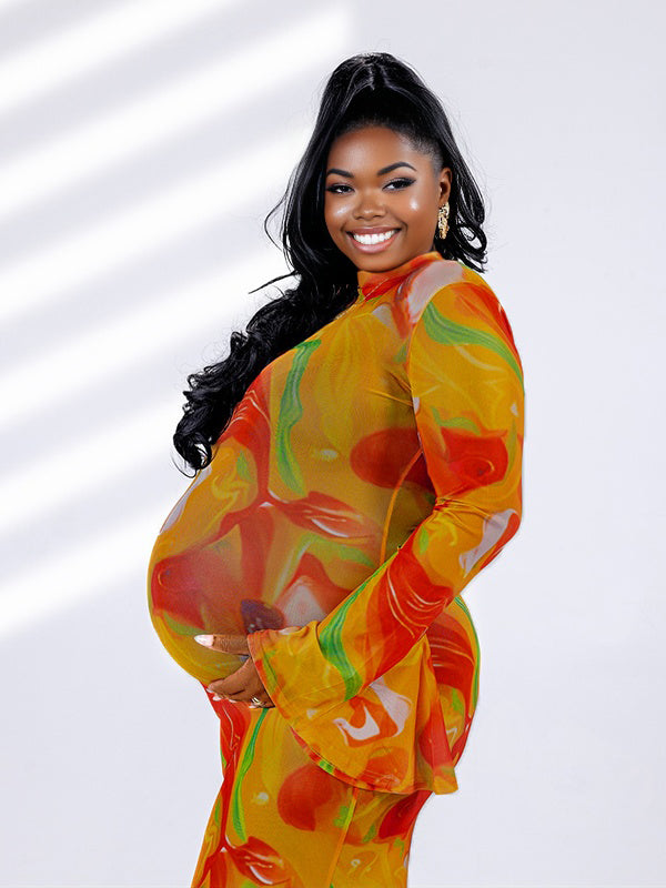 Momnfancy Gradient Color Flare Sleeve Tulle Print Bodycon Baby Shower Maternity Maxi Dress